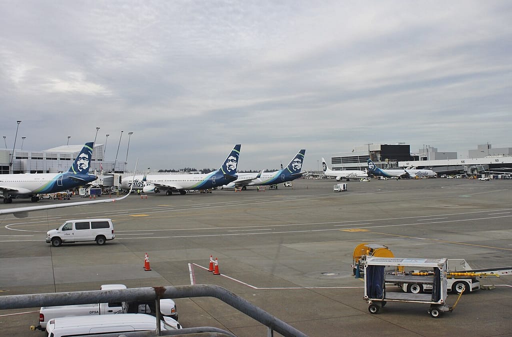 Alaska Airlines jets parked at Seattle-Tacoma