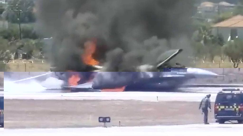 Hellenic Air Force F-16C on its belly and on fire at Zakynthos Airport after a gear-up landing