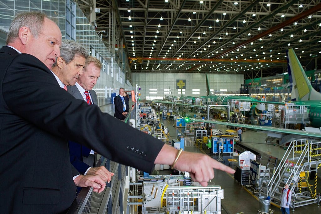 Boeing 737 assembly line with unpainted airframes