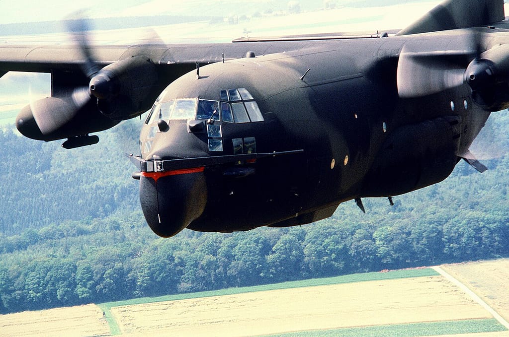 Close-up of the V-shaped Fulton recovery yoke fitted to the nose of an MC-130E Combat Talon