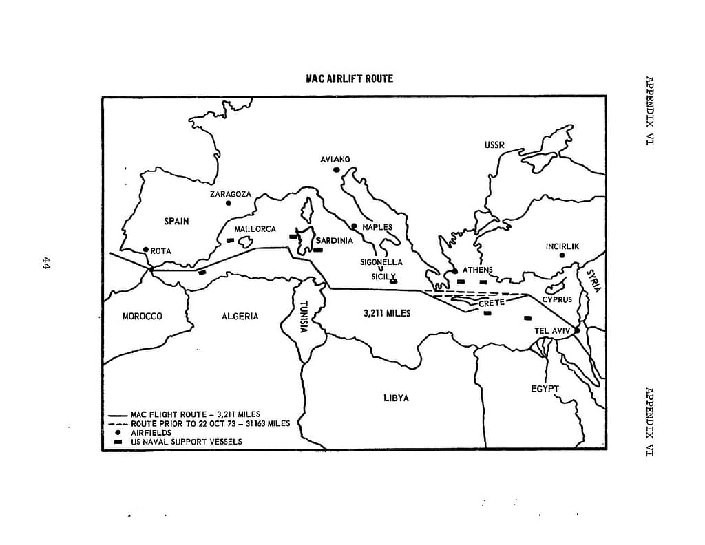 Map of the Operation Nickel Grass airlift route from the United States via the Azores to Israel