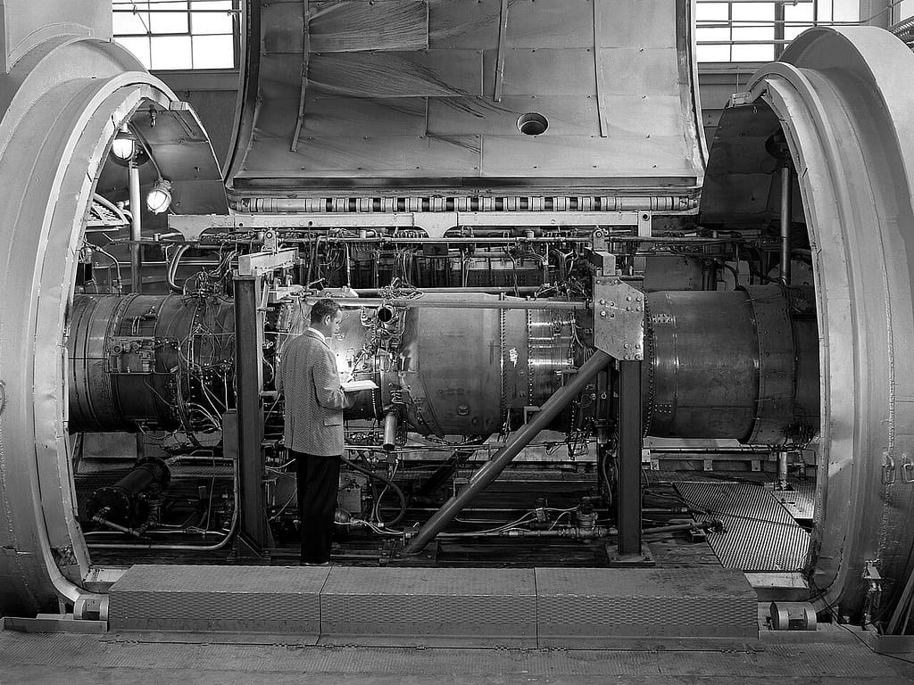 The Orenda Iroquois turbojet in a NACA propulsion test chamber, 1957