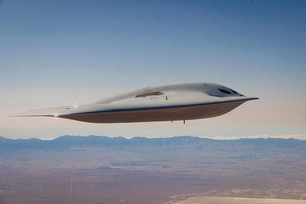 The second B-21 Raider taking off at Edwards Air Force Base