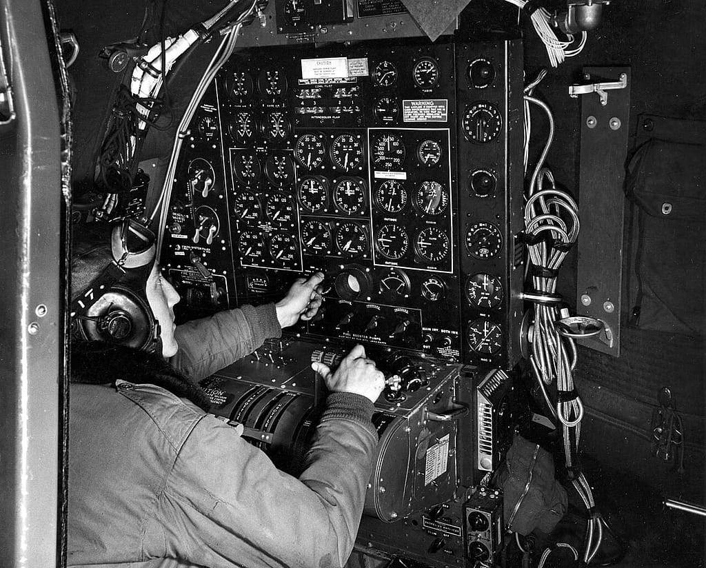 The flight engineer&rsquo;s station of a B-29
