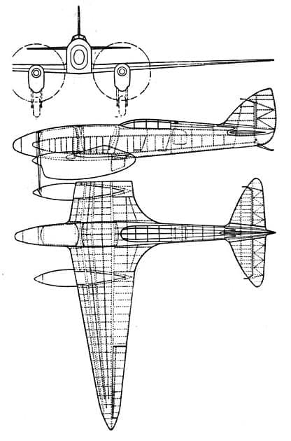 A 1934 three-view drawing of the de Havilland DH.88 Comet