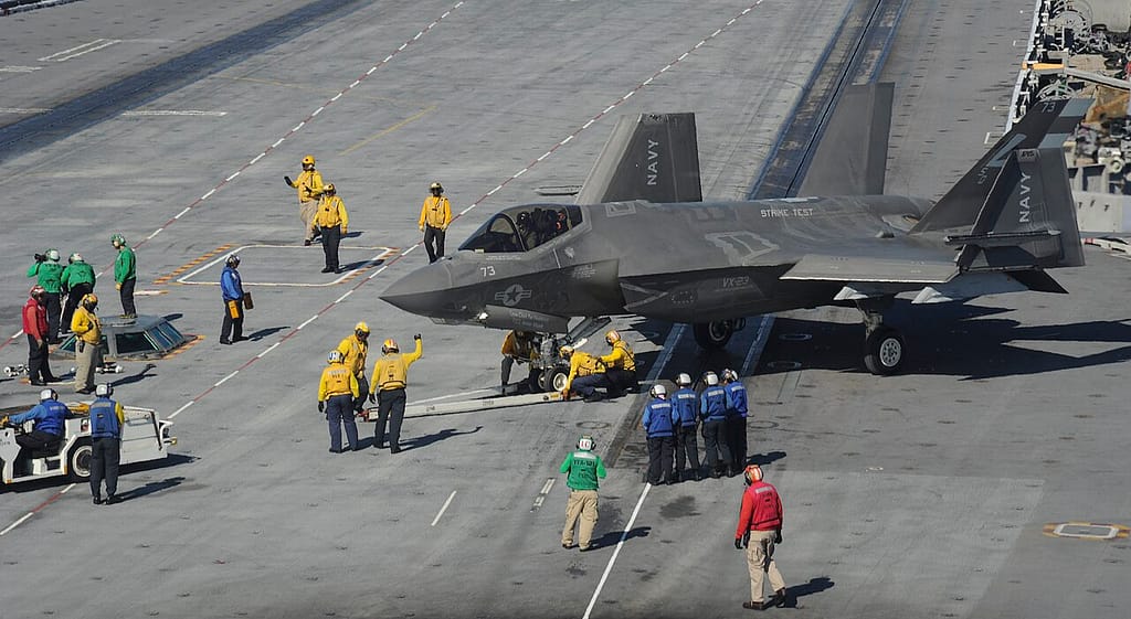 F-35C Lightning II on the flight deck of a US Navy aircraft carrier