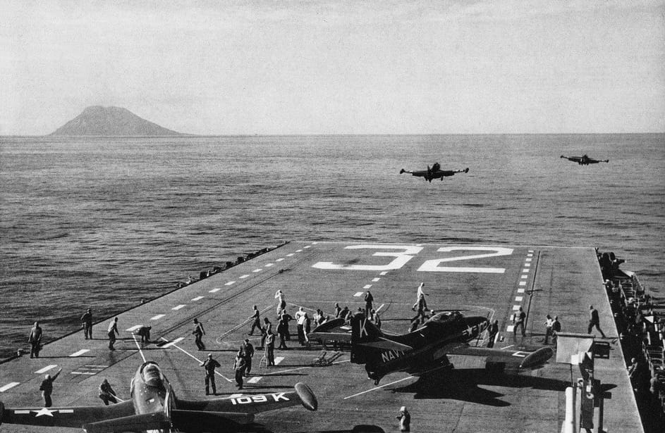 F9F-2 Panthers launching from USS Leyte in 1951