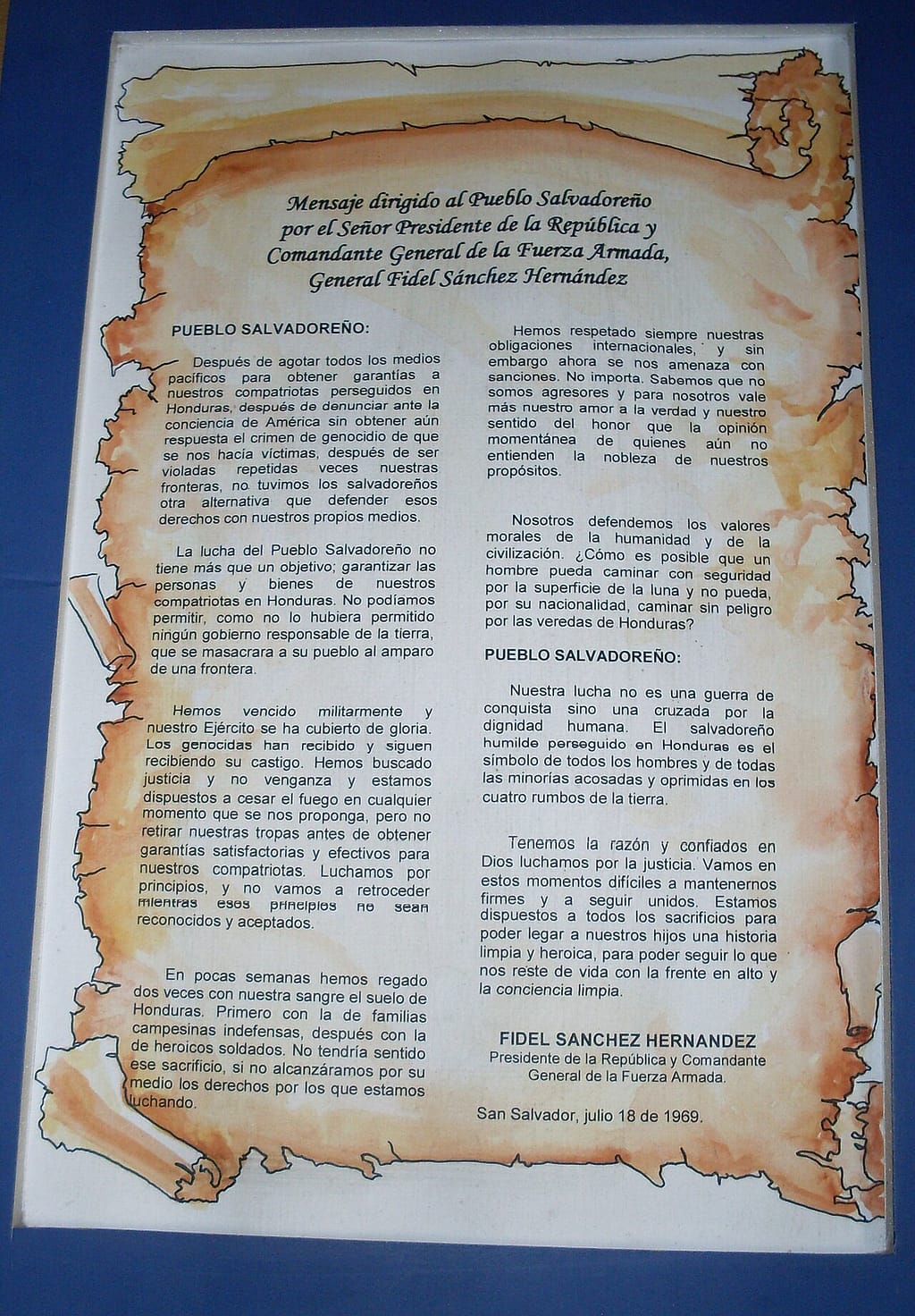 Printed message from Salvadoran President Fidel Sanchez Hernandez dated 18 July 1969