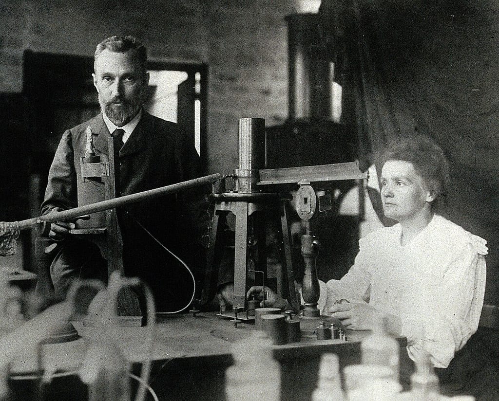 Pierre and Marie Curie in their laboratory in Paris