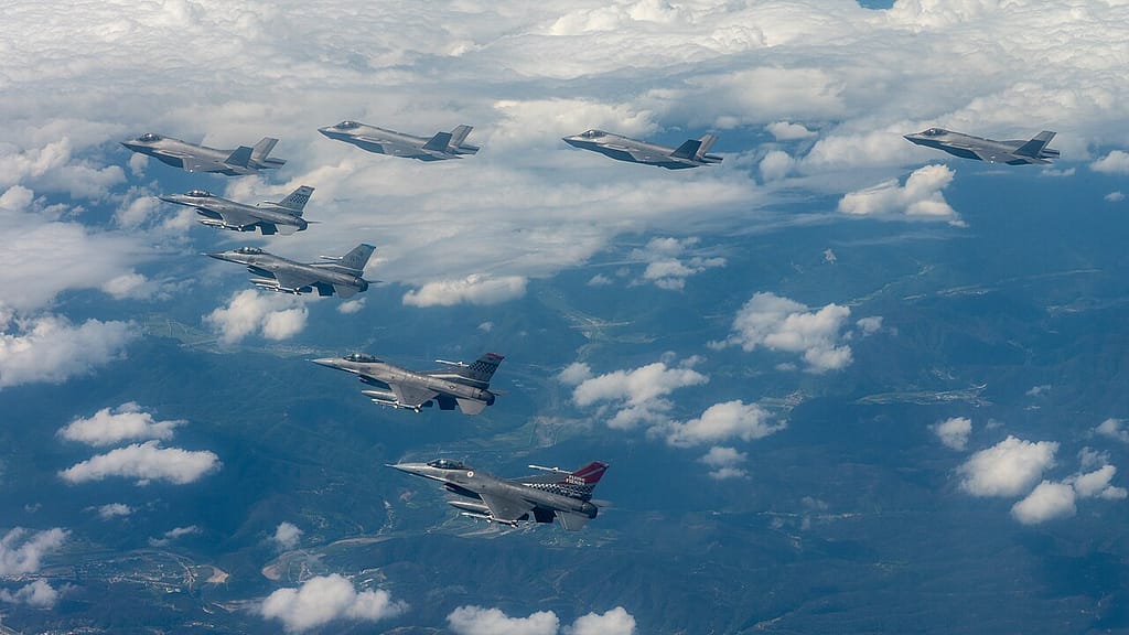 ROKAF F-35As and USAF F-16s in formation over Korea