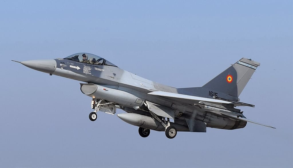 Romanian Air Force F-16 Fighting Falcon landing at Borcea Air Base