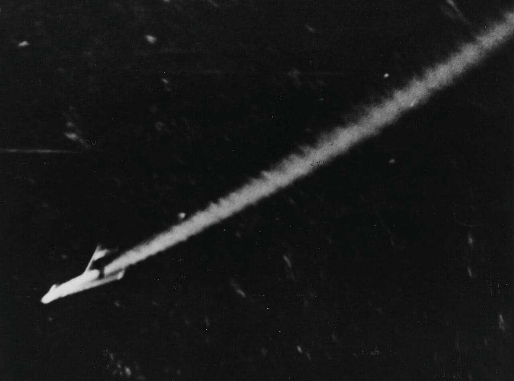 Gun-camera view of a MiG-15 being shot down over Korea