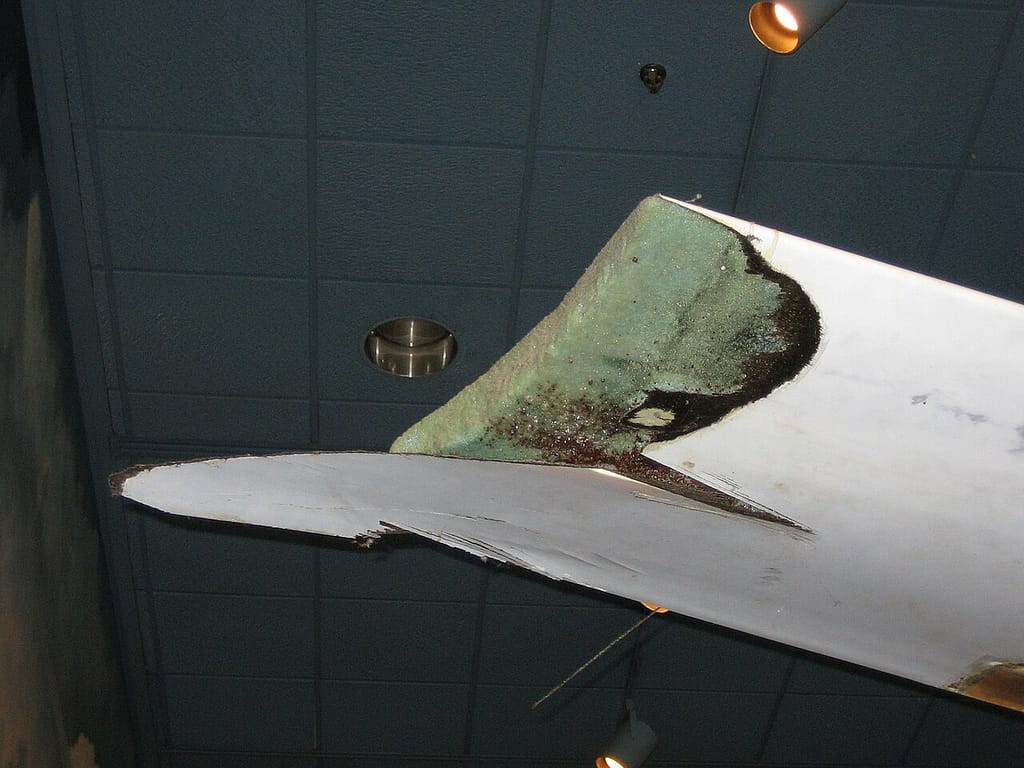The damaged winglet from the Rutan Voyager on display at the National Air and Space Museum