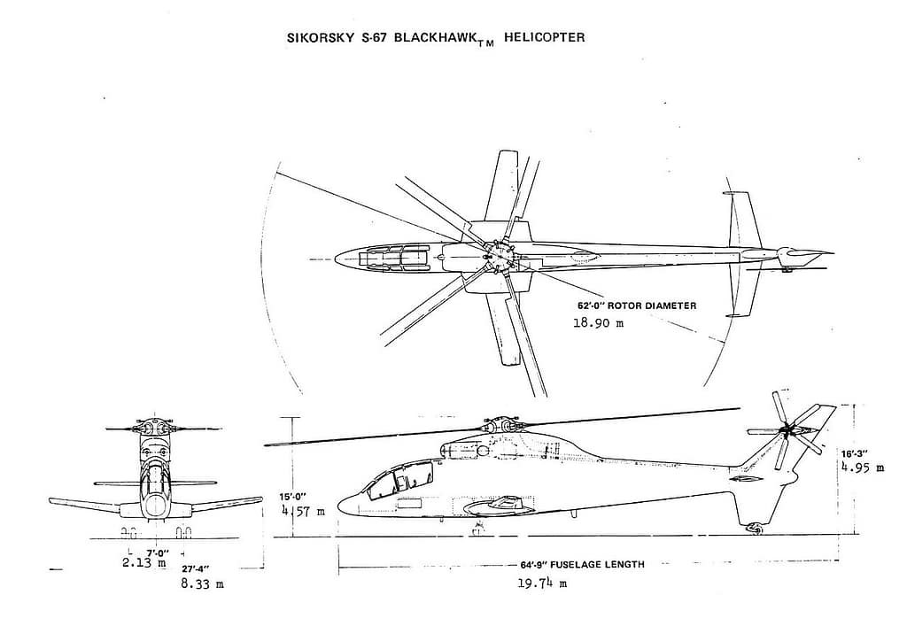 Three-view drawing of the Sikorsky S-67 Blackhawk