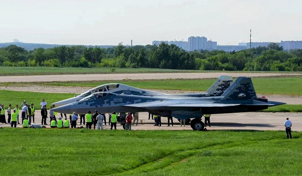 Sukhoi Su-57 Felon in digital splinter camouflage on the ramp