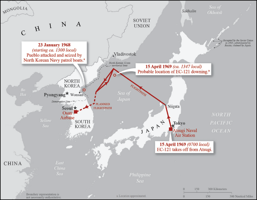 Map of the Sea of Japan marking the Pueblo and EC-121 incident locations