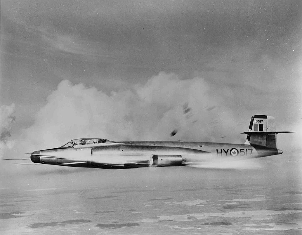 A CF-100 Canuck firing its wingtip rocket pods