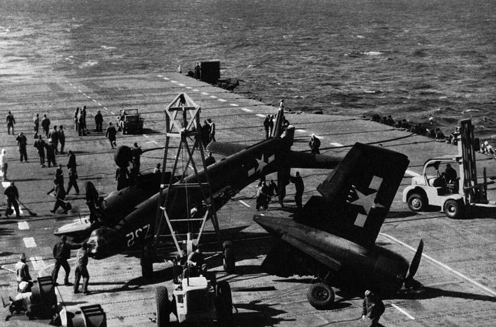 An F7F Tigercat crashes aboard USS Shangri-La