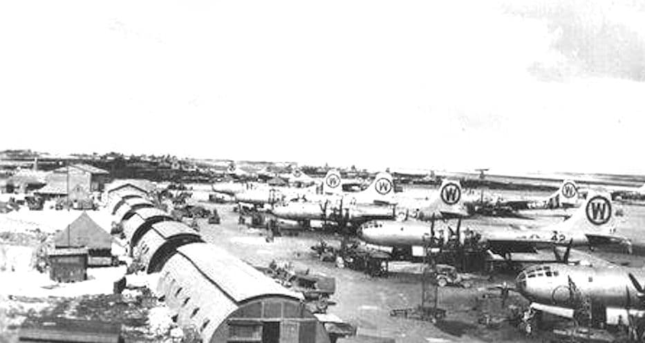 B-29 Superfortresses of the 505th Bombardment Group parked on Tinian hardstands