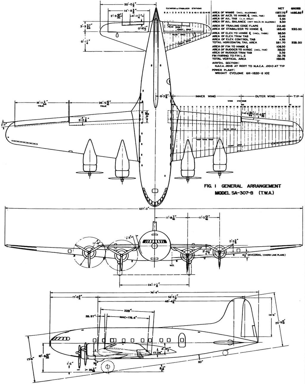 Boeing 307 Stratoliner three-view