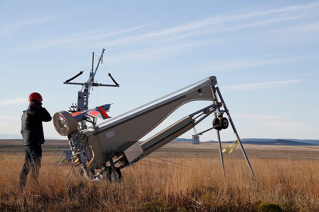 Insitu ScanEagle drone on its pneumatic catapult launcher