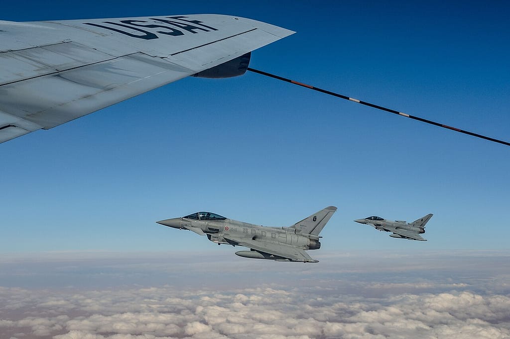 Italian Air Force Eurofighter Typhoon refuels from a US KC-135 over the CENTCOM area of responsibility