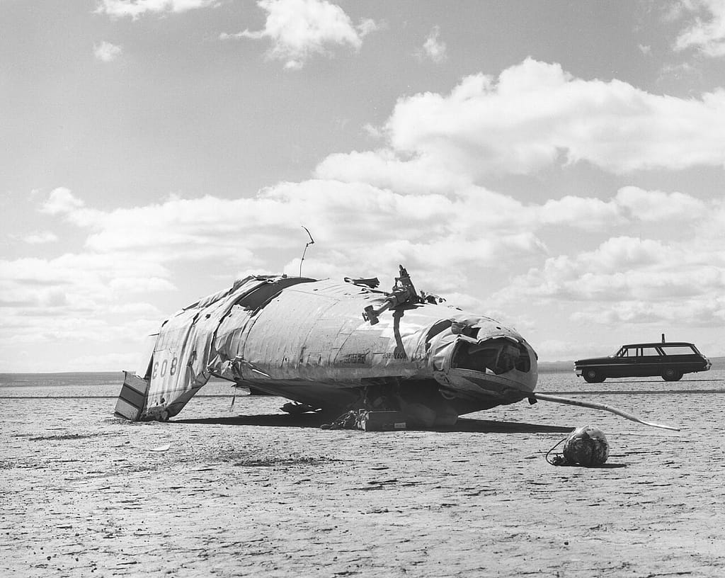 The wrecked M2-F2 upside down on Rogers Dry Lake