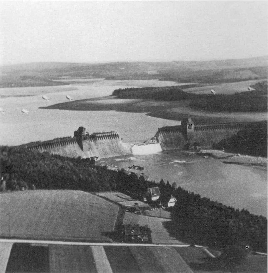 The Möhne Dam breached after the Dambusters raid, photographed 17 May 1943