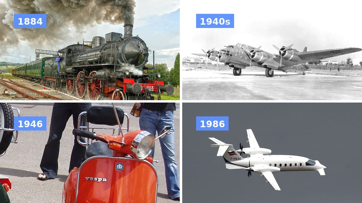 Piaggio timeline 1884 locomotive, 1940s P.108 bomber, 1946 Vespa, 1986 P.180 Avanti