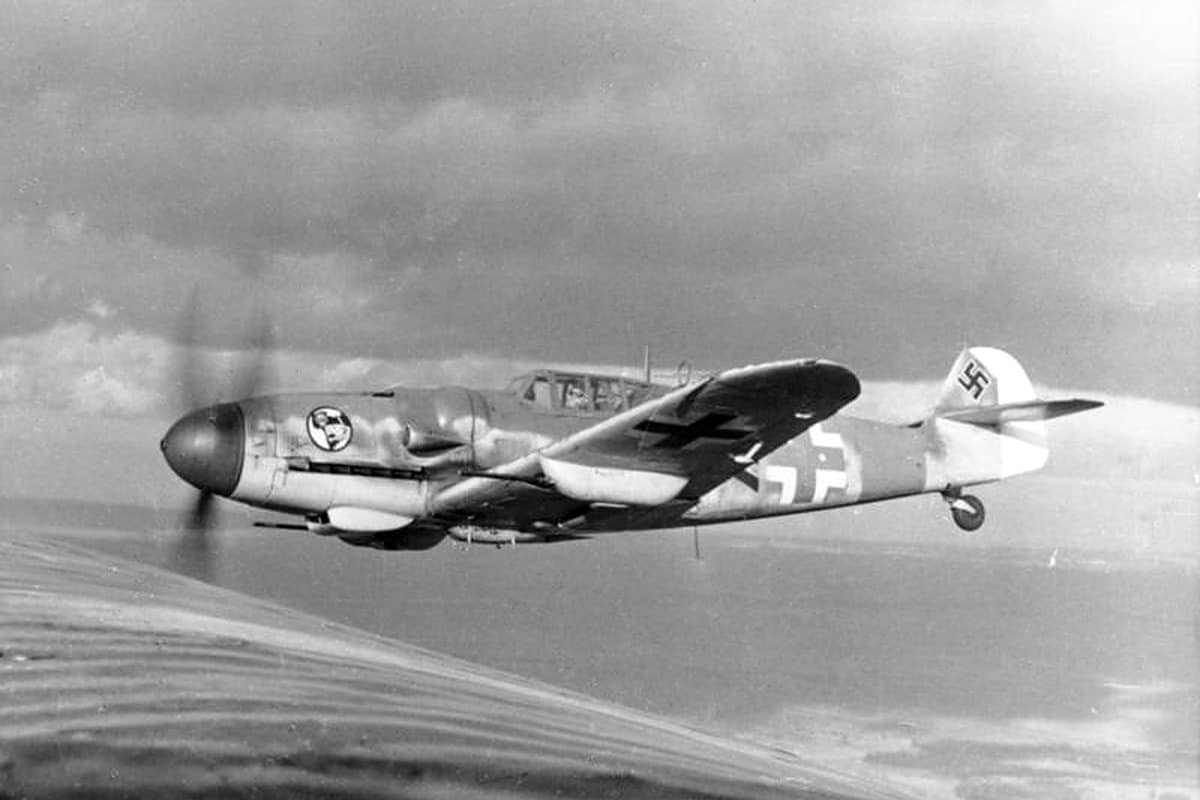 A Bf 109 of the type flown by Gerhard Barkhorn, banking over the Eastern Front