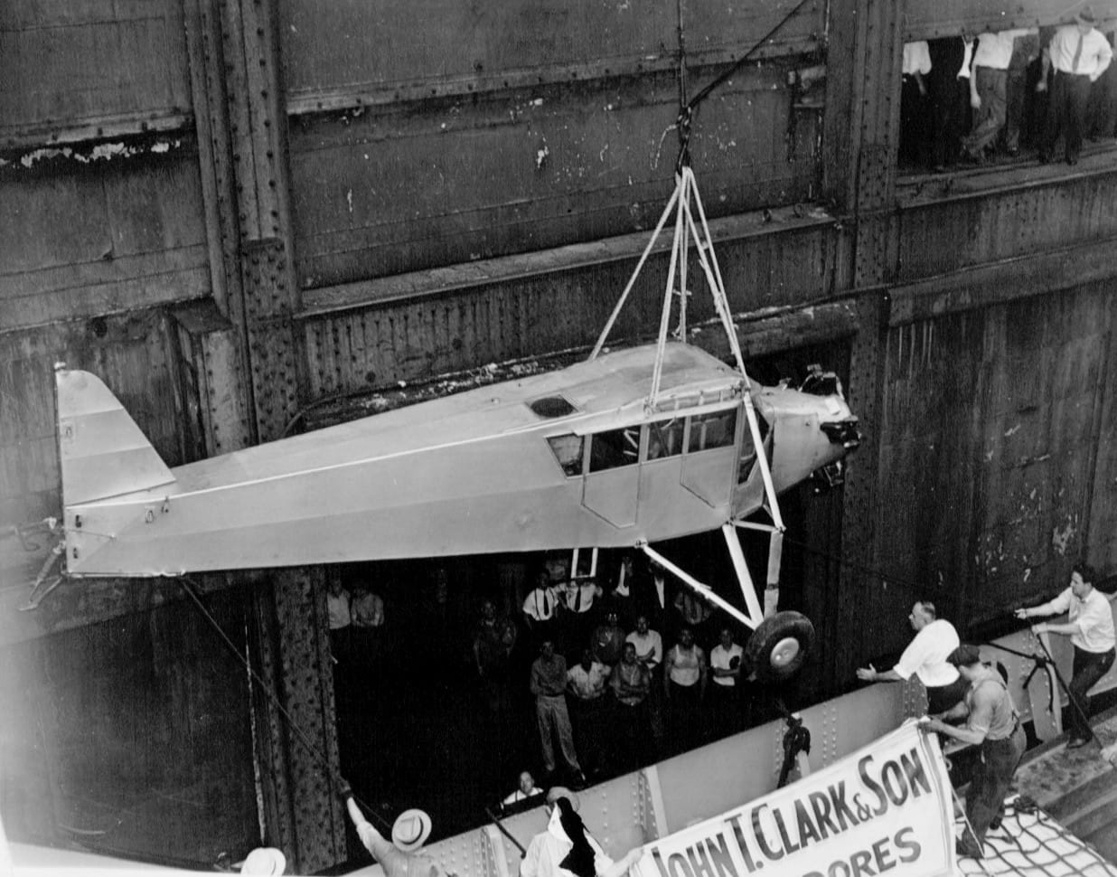 Douglas Corrigan Curtiss Robin crated for return by ship, 1938