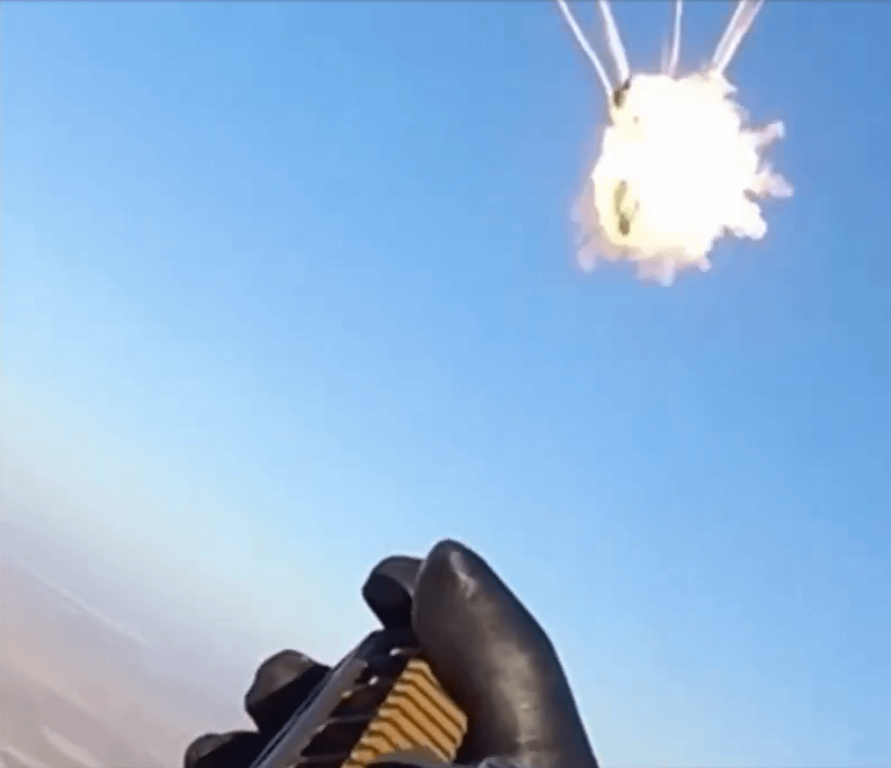 Geran drone exploding mid-air after being shot by a Ukrainian Yak-52 rear-seat gunner