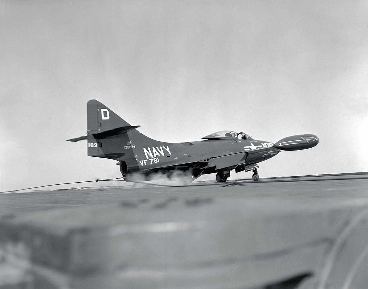 F9F Panther jet on final approach to the carrier USS Oriskany