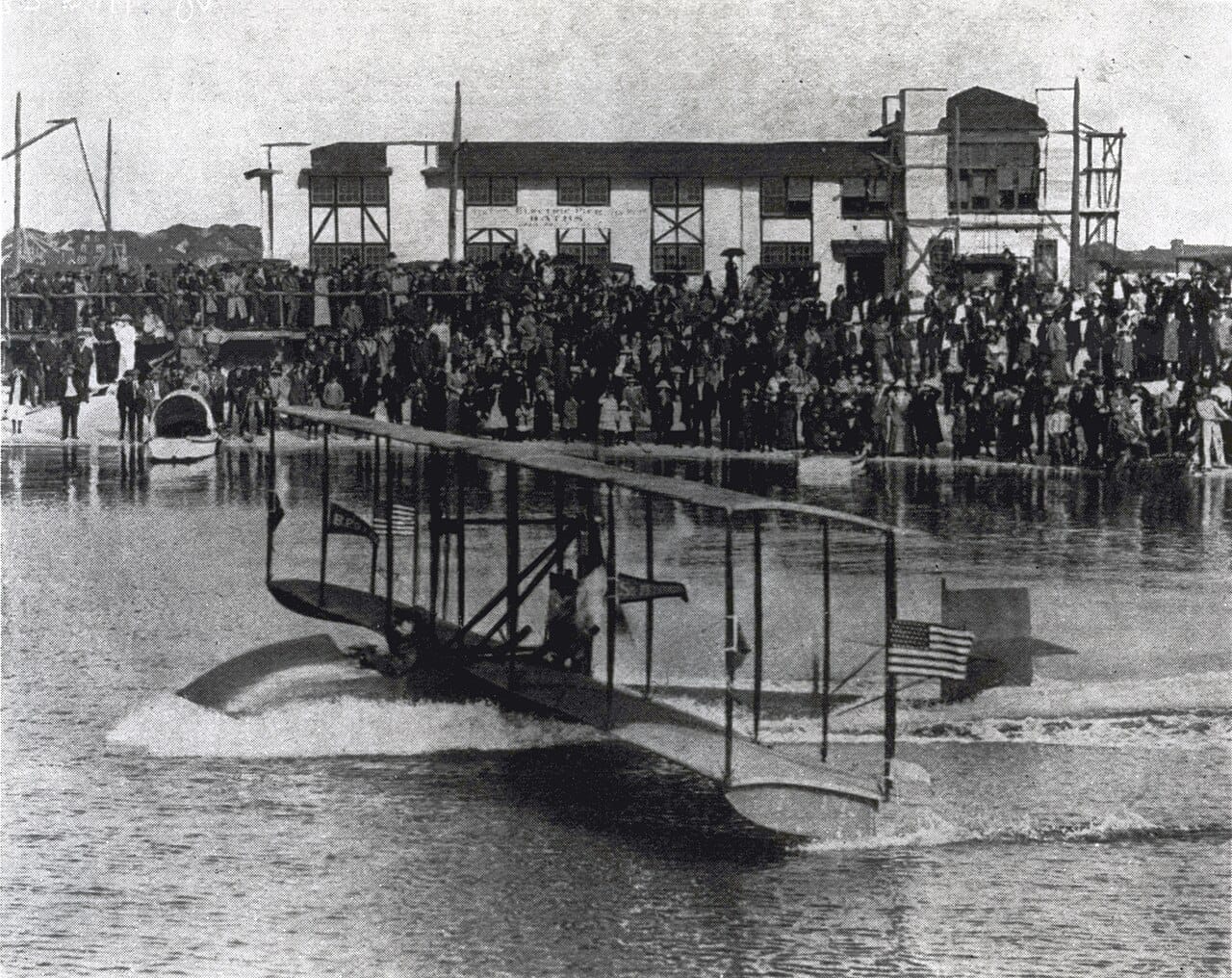 The first scheduled commercial airline flight — St. Petersburg to Tampa, January 1, 1914, piloted by Tony Jannus