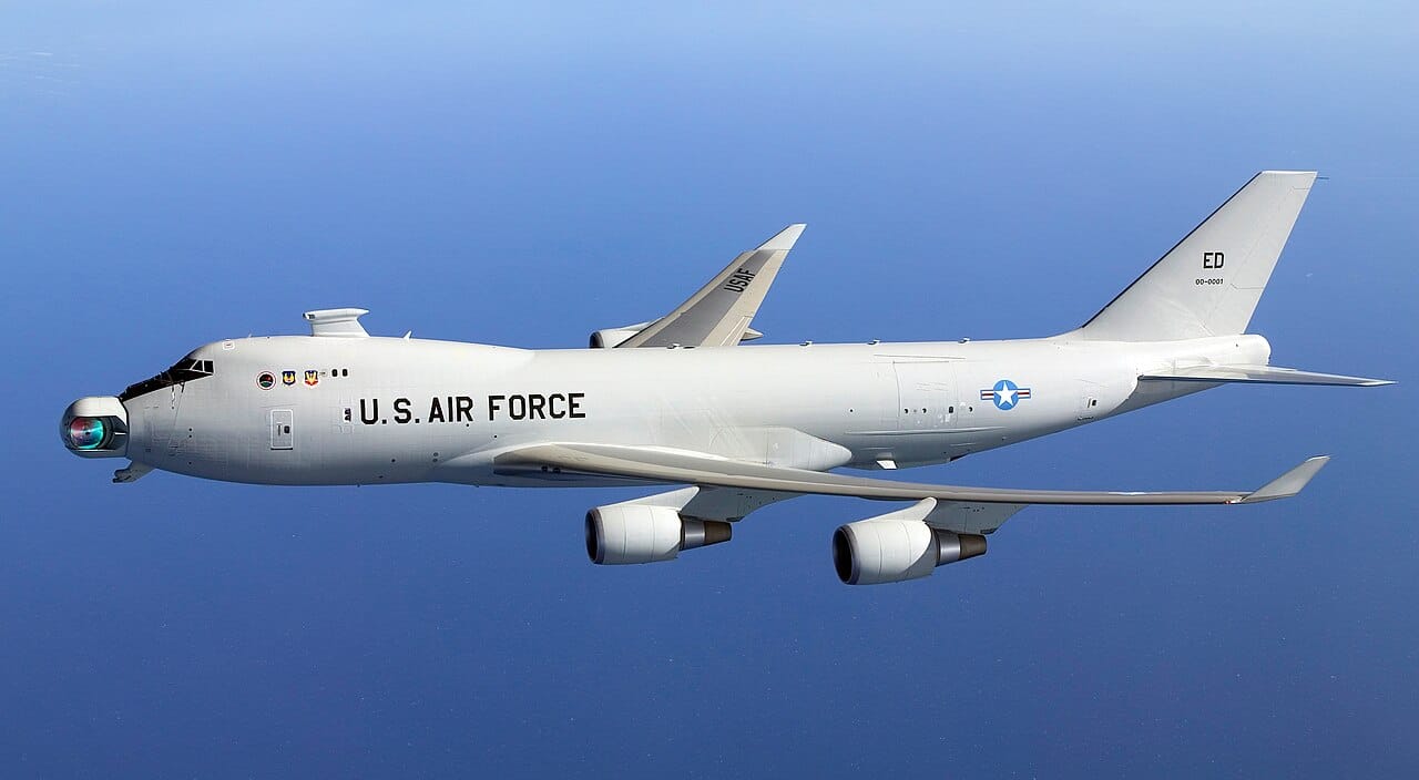 YAL-1A Airborne Laser in flight, turret unstowed
