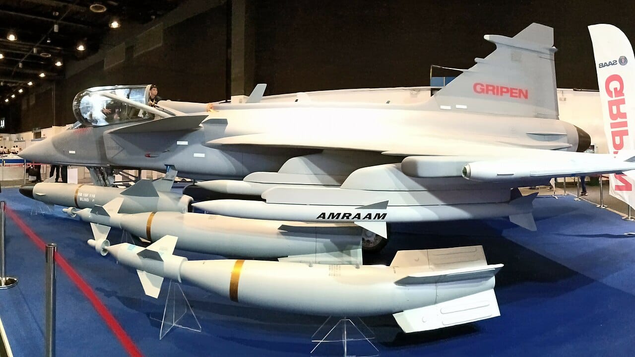 JAS-39E Gripen fighter jet side view in flight