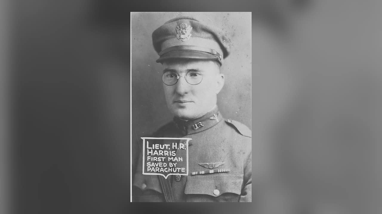 Lieutenant Harold R. Harris in 1922, captioned First Man Saved By Parachute