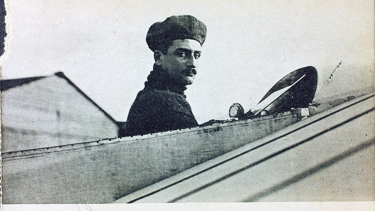 Aviation pioneer Roland Garros, the first fighter pilot, in his cockpit