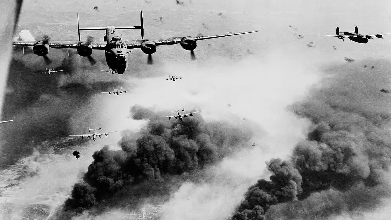 Consolidated B-24 Liberator bombers low over the Ploesti oil refineries, Operation Tidal Wave 1943