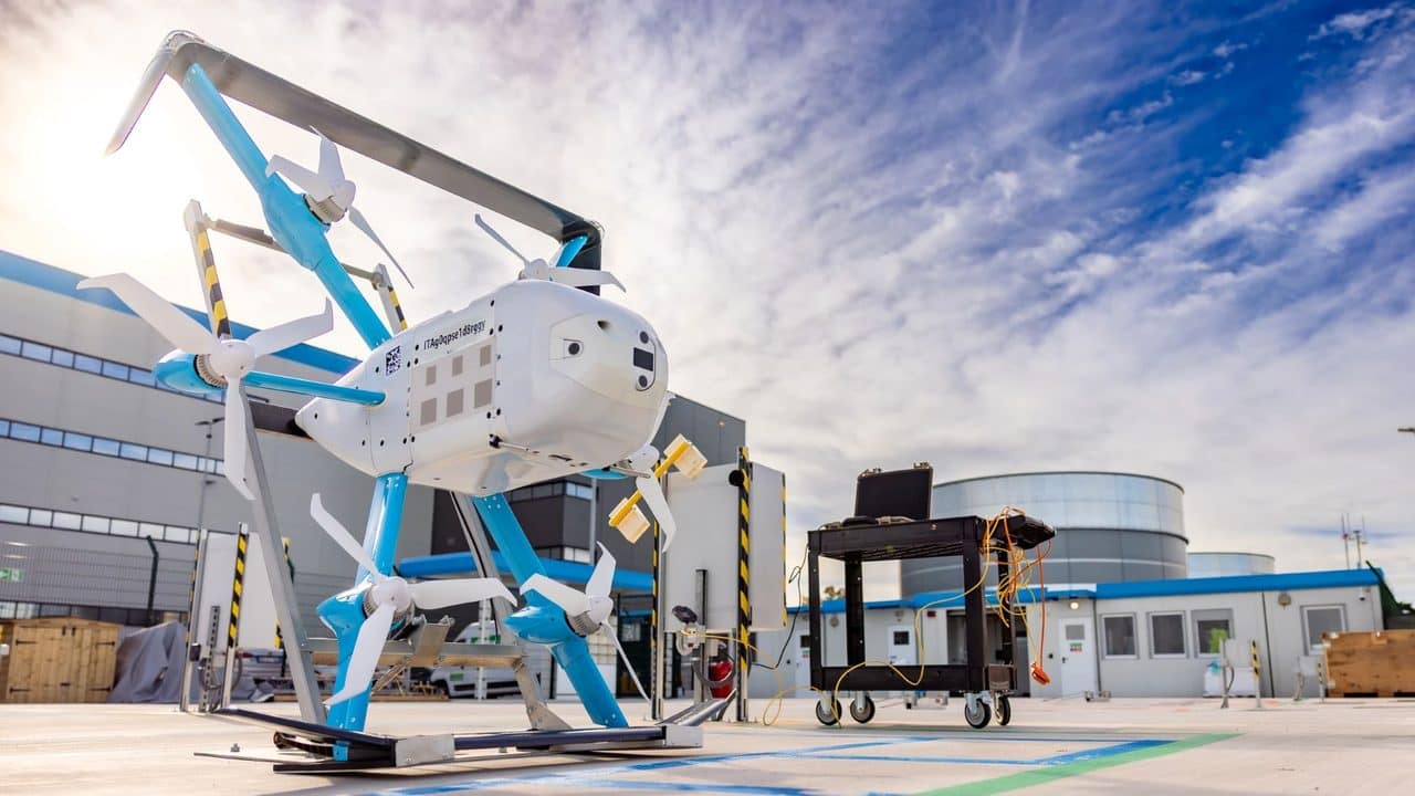 An Amazon Prime Air MK30 delivery drone on its launch pad