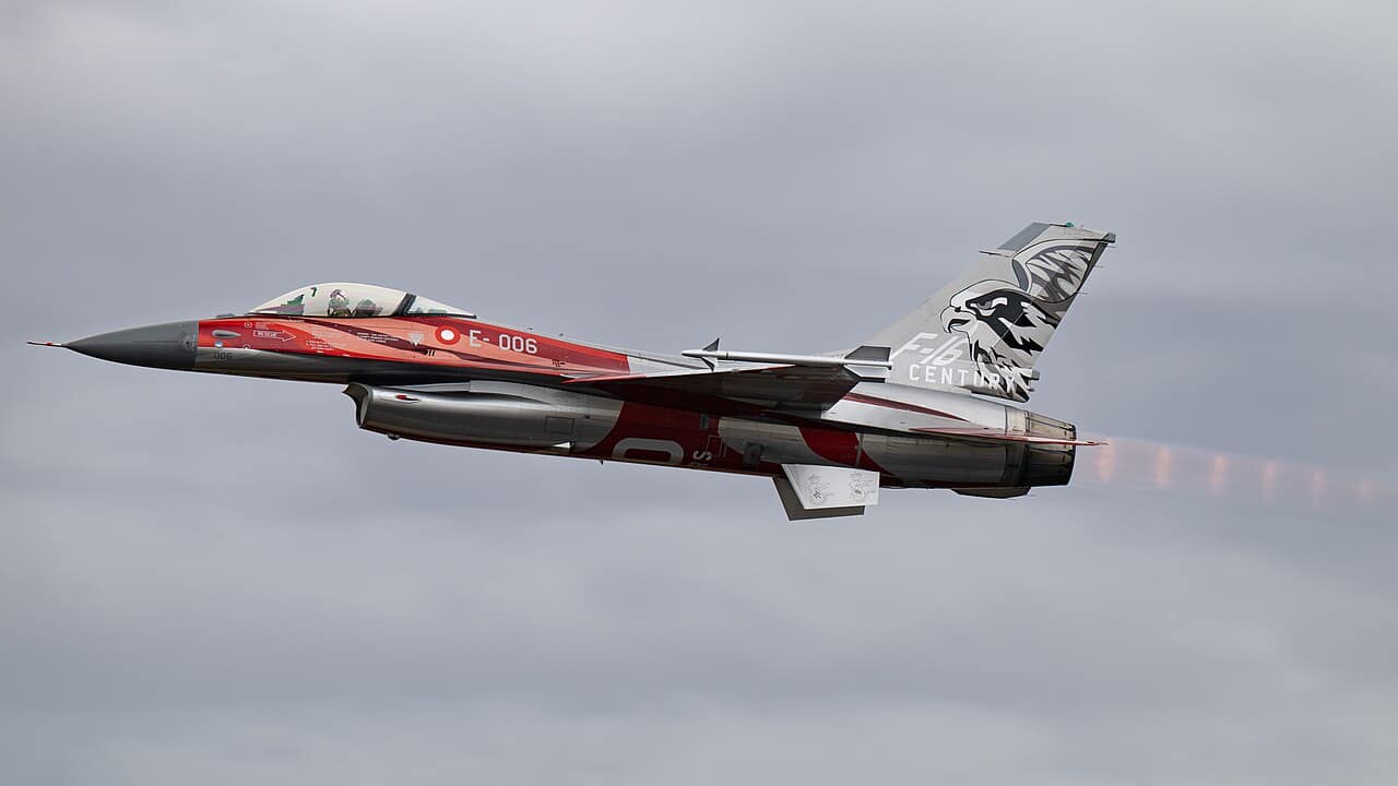 Royal Danish Air Force F-16AM E-006 painted in the red-and-white Dannebrog scheme, RIAT 2025