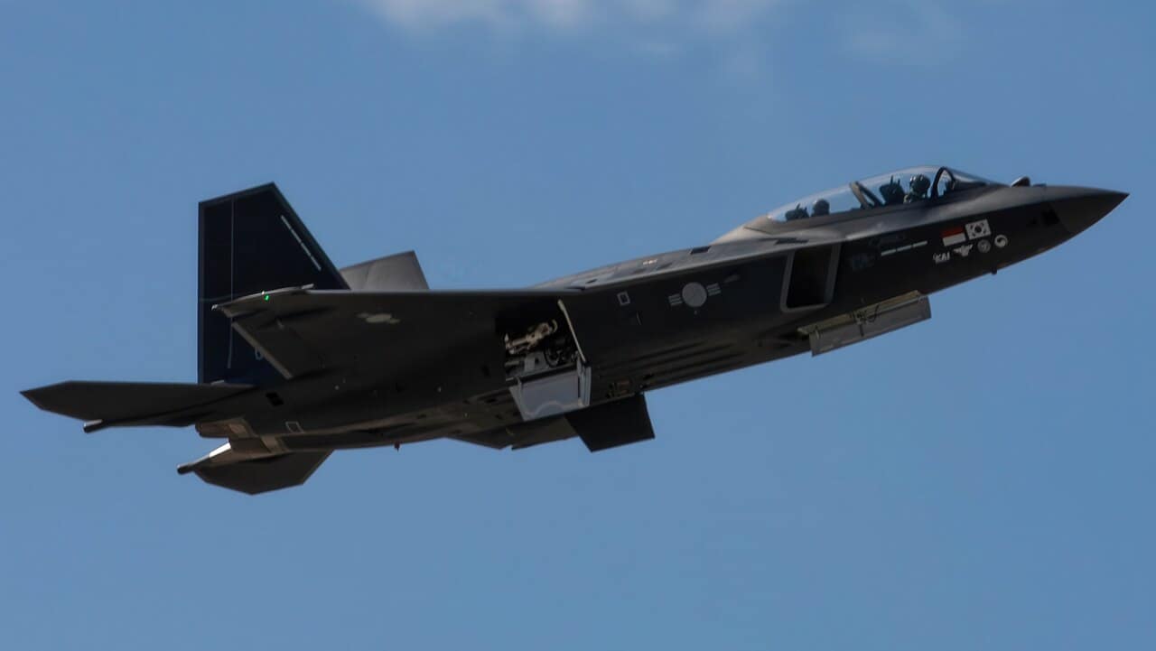 A Republic of Korea Air Force KF-21 Boramae performs an aerial demonstration