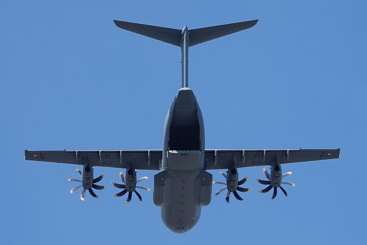 A French Air and Space Force Airbus A400M Atlas in flight over Paris