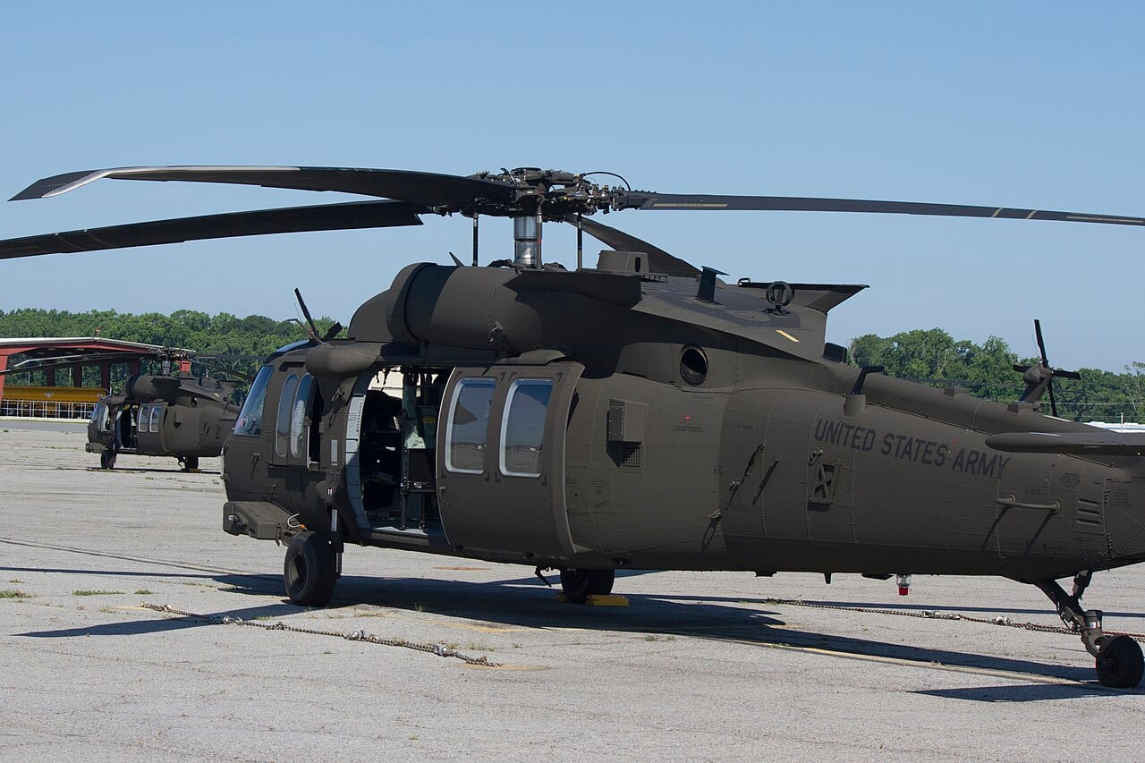 A US Army UH-60M Black Hawk, the type used in the Altius-700 launched-effects tests