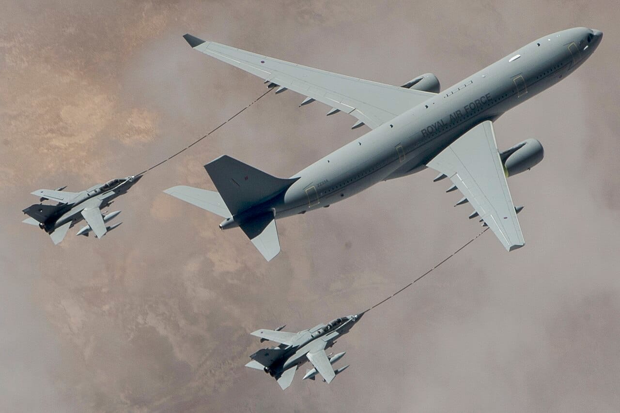 RAF Voyager KC3 refuels two Tornado GR4 with hose and drogue