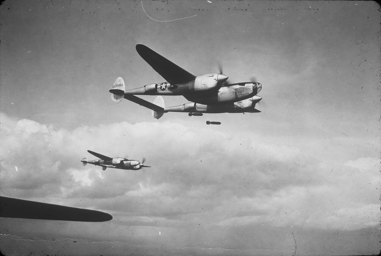 P-38 Lightning fighters in formation — the only American fighter with the range to intercept Admiral Yamamoto