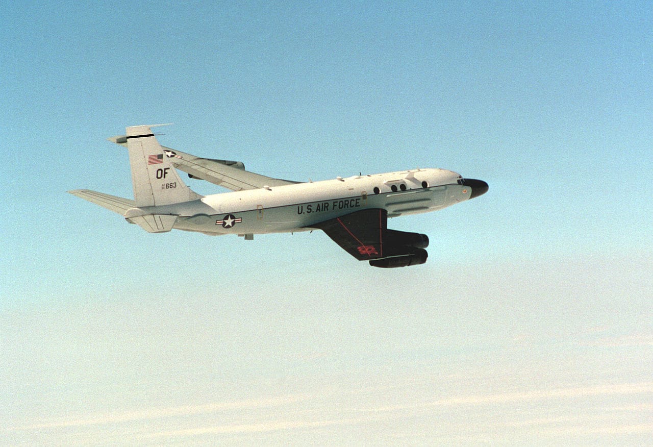 An RC-135S Cobra Ball reconnaissance aircraft in flight
