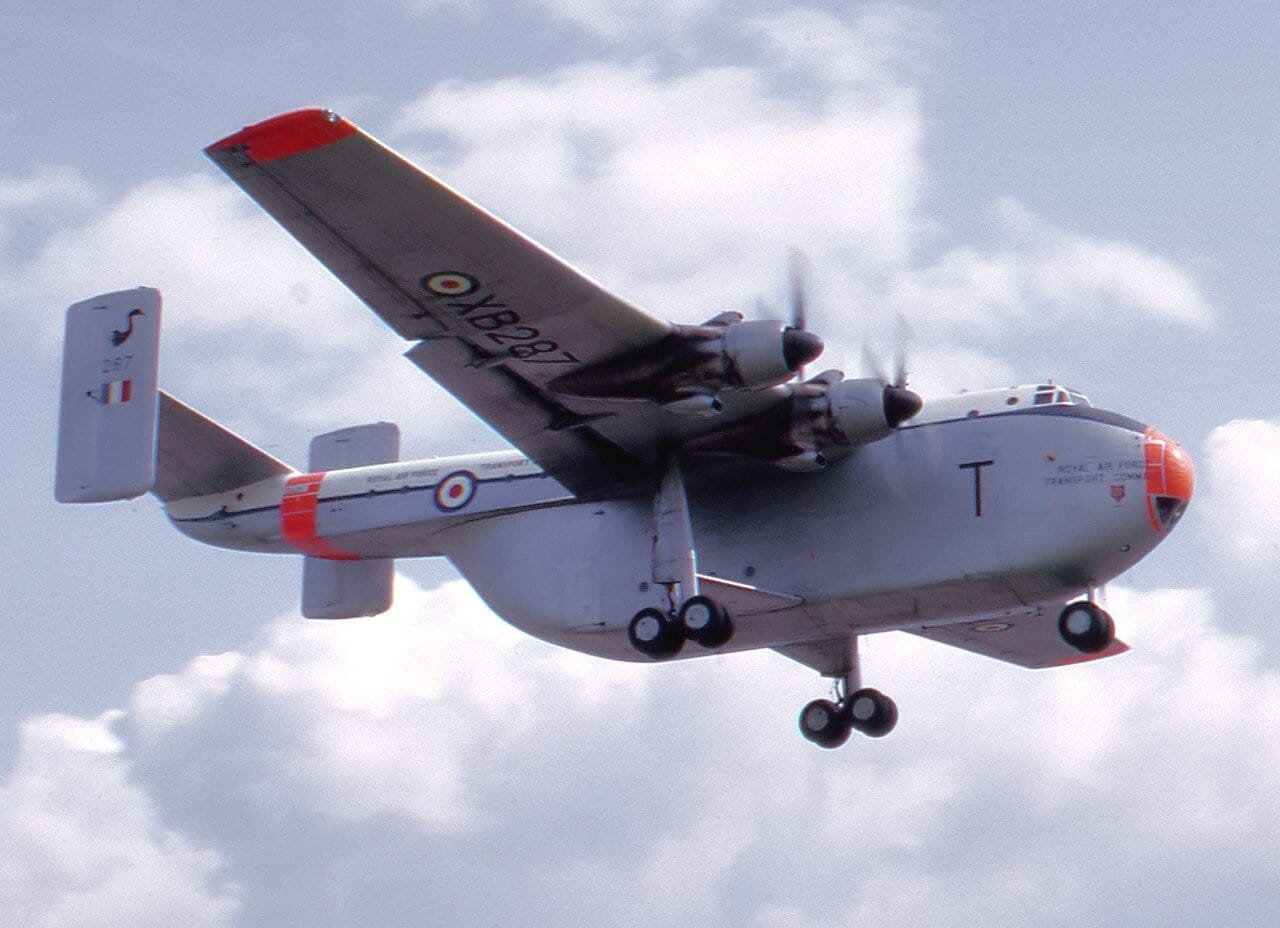 A Blackburn Beverley of RAF Transport Command, showing its box fuselage and tail boom