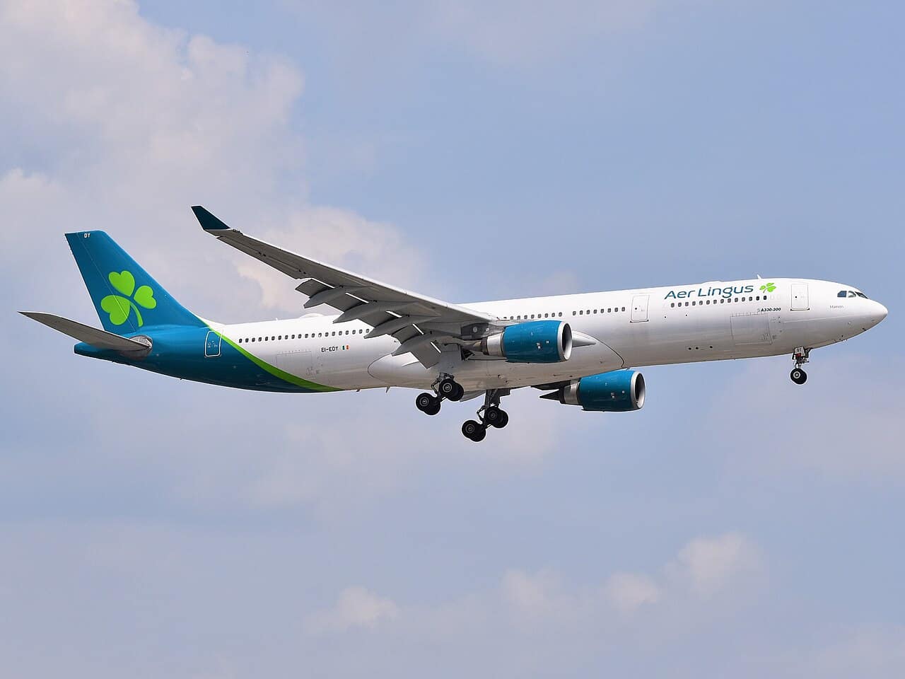 Aer Lingus Airbus A330-300 in green livery on approach to Newark