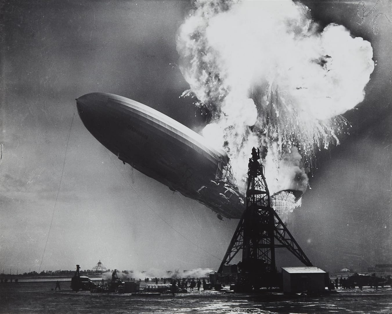 The Hindenburg airship on fire at Lakehurst Naval Air Station, New Jersey, May 6, 1937 — the disaster that ended the age of commercial airship travel